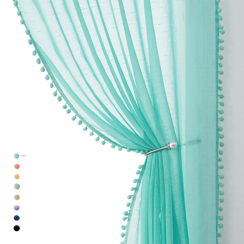Treatmentex Pompom Sheer Curtain Panels 84inch Long Living Room Bedroom Window Curtain Drapes for School, Kindergarten 52" Width Each Panel. 1 Pair Rod Pocket Aqua - Image 1